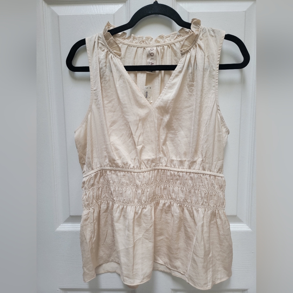 Anthropologie By Dolan Cream Smocked Ruffled Sleeveless Blouse Size Medium